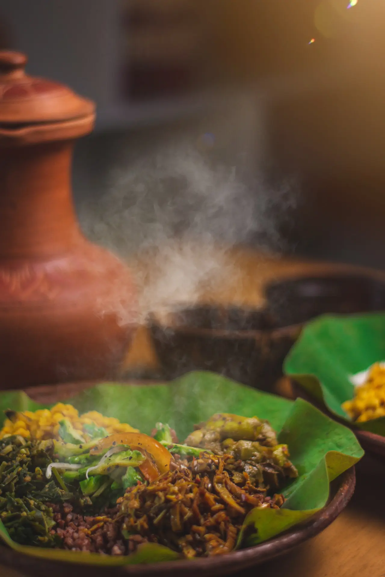 Steaming Sri Lankan rice and curry on lotus leaf