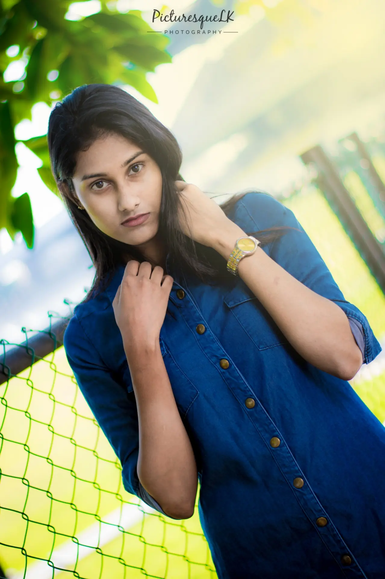 Denim shirt portrait — golden hour